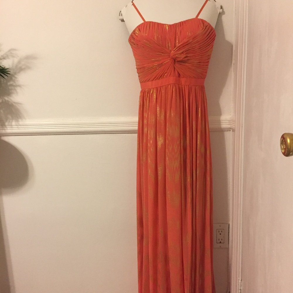 "Aqua dresses" formal peach & gold prom dress